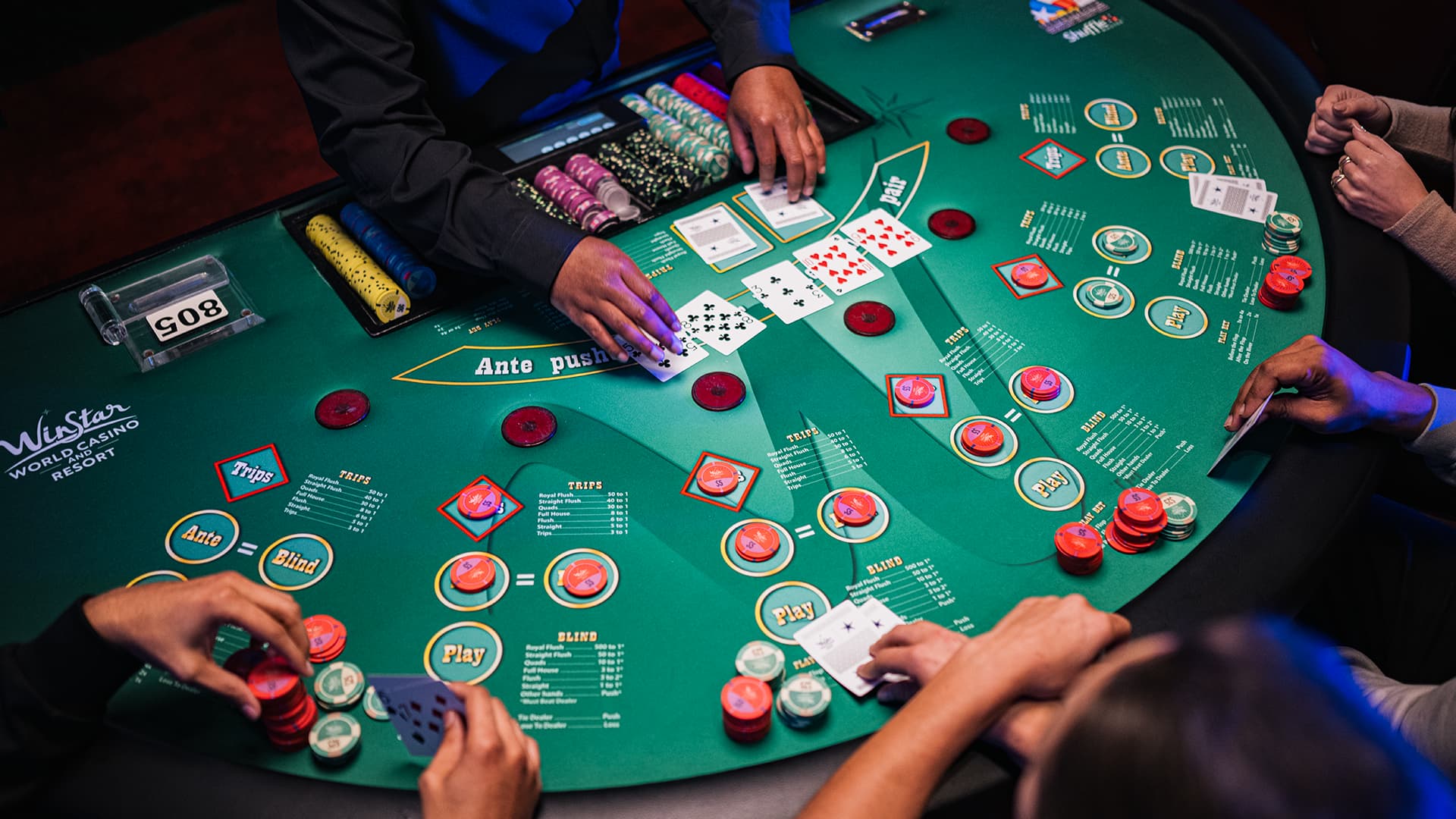 Hands playing Ultimate Texas Hold'em with cards and betting chips on a green casino table.