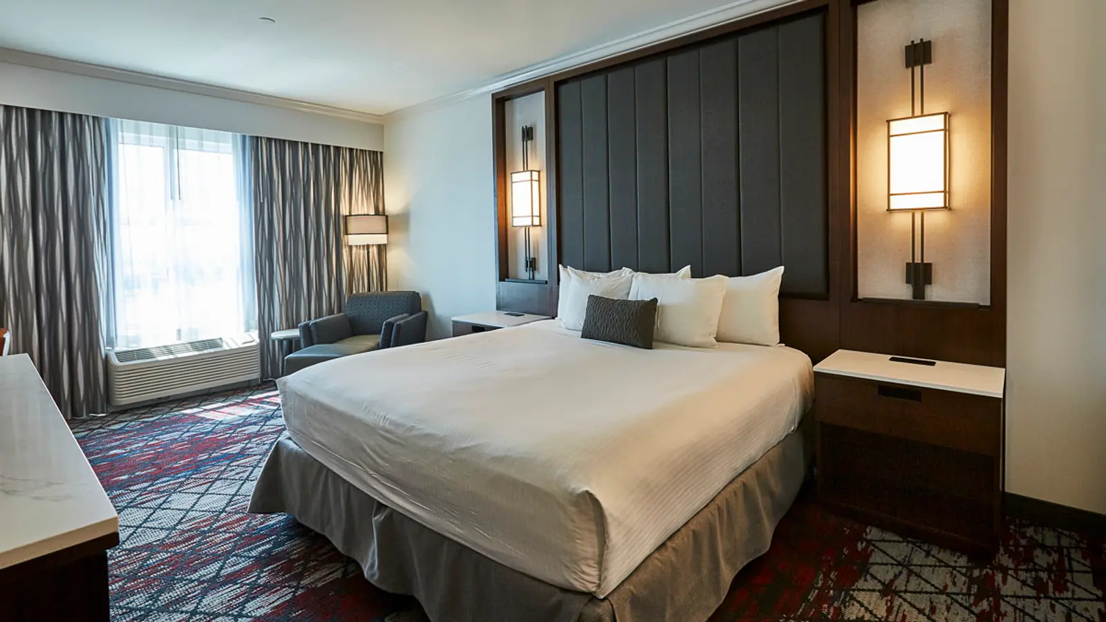 A king bed in the Casino Tower of the WinStar World Casino & Resort Hotel.