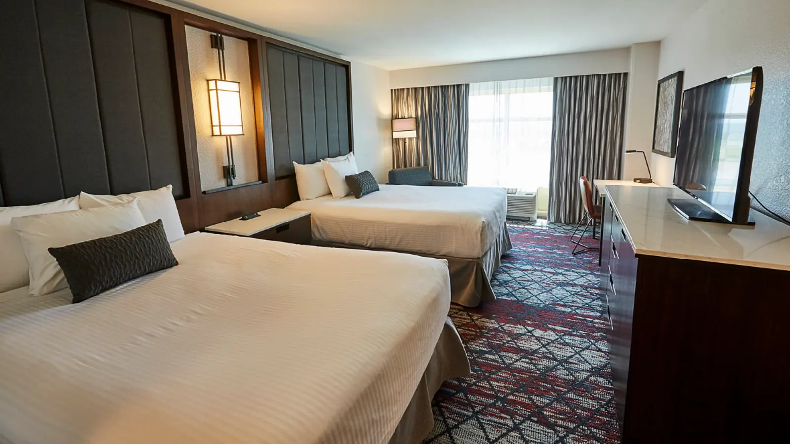 Two queen beds in the Casino Tower of the WinStar World Casino & Resort Hotel.