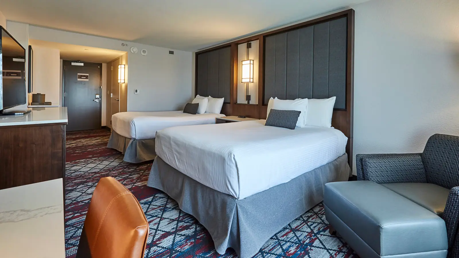 Two queen beds in the Casino Tower of the WinStar World Casino & Resort Hotel.