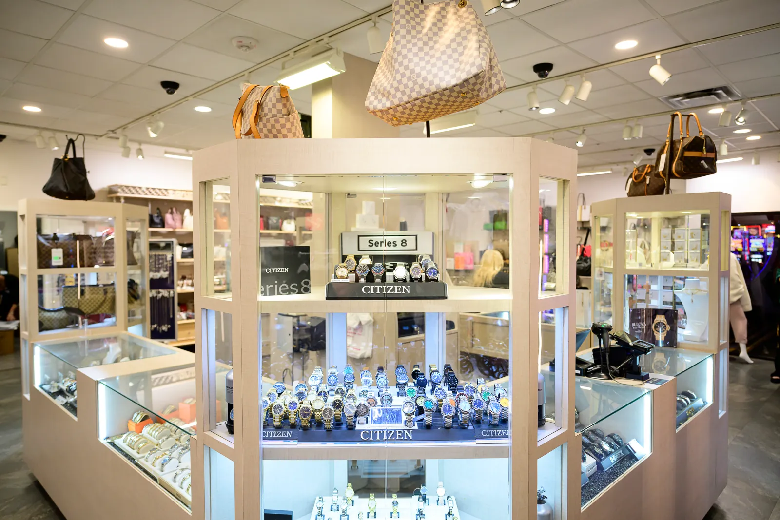 A case of watches and handbags on display at LeFleur Gift Shop at WinStar World Casino and Resort.
