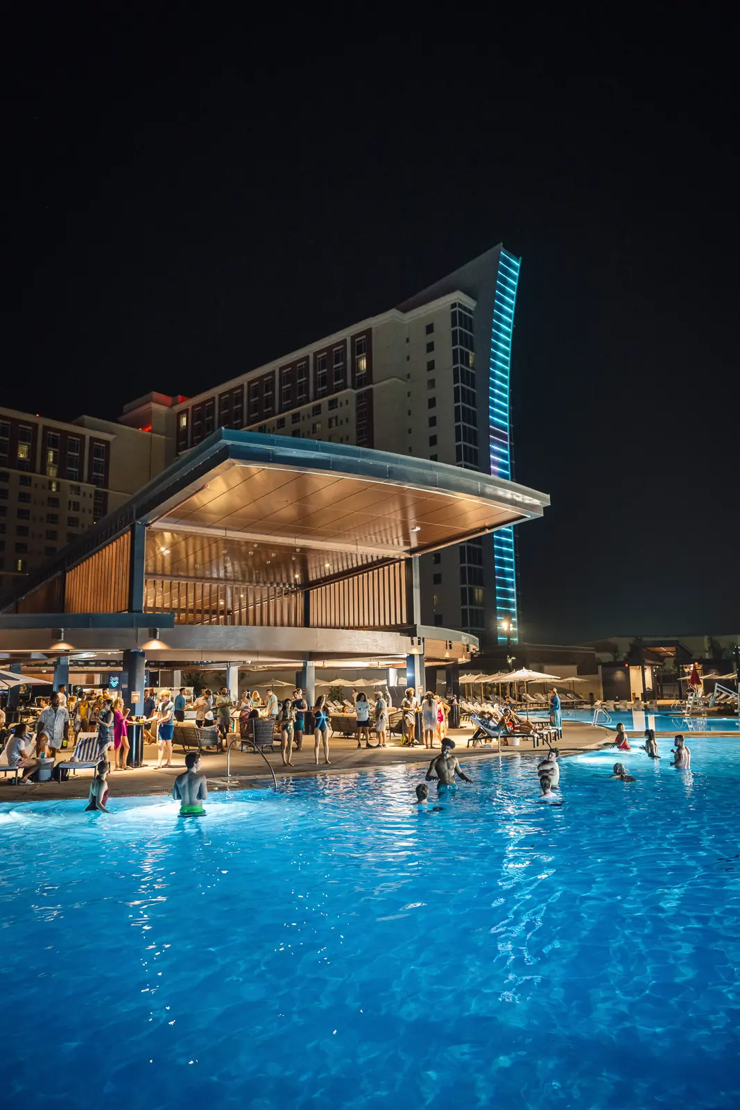 A nighttime shot of Cascades at WinStar World Casino and Resort.